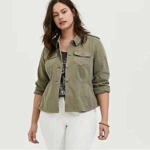 Torrid Womans Plus Size Light Olive Green Twill Peplum Utility Jacket 4X
